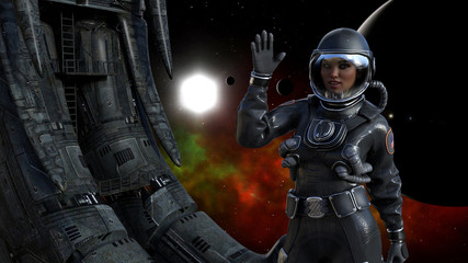 Fototapeta premium Illustration of a female astronaut in space next to an alien derelict waving with a sun, planet and red nebula in the background.