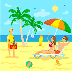 Obraz na płótnie Canvas Exotic beach and sea shore, vacation and traveling vector. Couple on recliners under umbrella, palms and sailboat, cool drinks vendor, surfboard and ball