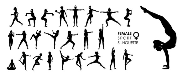Female Women Sport, Dance, Fight Silhouette Vector 25 Set