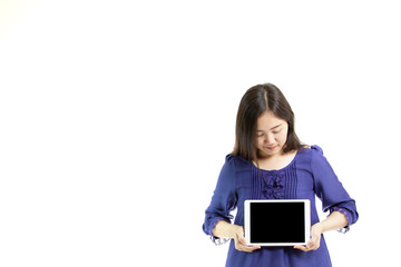 Portrait of Asian women in blue shirt showing the empty black screen tablet close up.  Isolated on white background with copy space on left hand side.