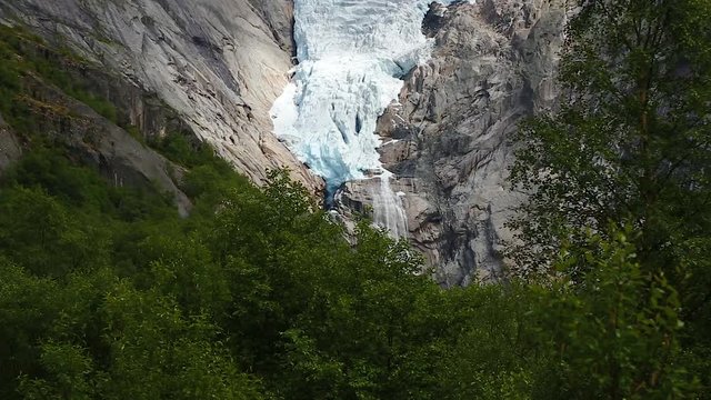 View from glacier Briksdalsbreen one of the most accessible and best known arms of Jostedalsbreen glacier. Norway glacier in Jostedalsbreen National Park. Briksdalsbreen glacier in Briksdalen valley.