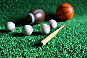 sports equipment on Green background
