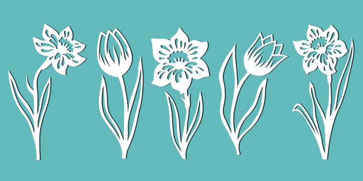 Tulip. Narcissus. A set of flowers for decoration. Templates for paper  cutting, laser cutting and plotter. Vector illustration. Stock Vector |  Adobe Stock