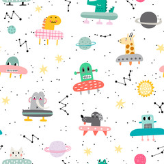 Fototapeta na wymiar Cute seamless pattern with planet and funny characters astronauts. Vector illustration for children. Trendy kids vector background. - Vector.