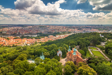 Fototapeta na wymiar Skyline view of Prague from Petrin Hill, The Lesser Town with a surrounding area, Czech Republic, Europe.