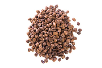 close up bunch of brown Coffee beans isolated on white