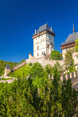 Fototapeta na wymiar View of Karlstejn royal castle at sunny day, located near of Prague, Czech Republic, Europe.