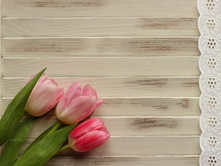 three tulips lying on a light old wooden background with lace