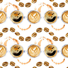 Fototapety  Akwarela bezszwowe wzór w stylu retro z filiżanek kawy, plamy i ziarna kawy. Vintage ornament kawowy z organiczną teksturą w kolorach złota i brązu na białym tle