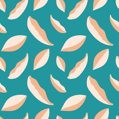 Beautiful cream and peach scattered leaves on teal background. Seamless vector pattern. Great for nature and wellbeing inspired home decor, wallpaper, fabric, stationery, packaging, marketing