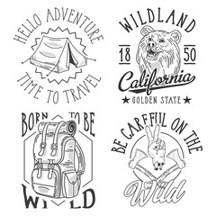 Adventure theme monochrome labels set with hand drawn illustrations of tourist tent, bear, backpack, axes. Isolated on white background.