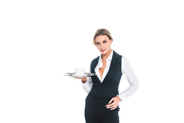 blonde waitress in black uniform holding tray with cup and saucer isolated on white