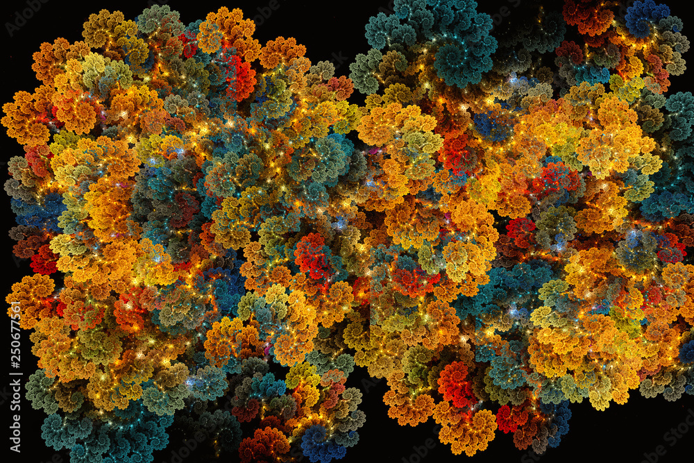 Poster artistic abstract multicolored 3d computer generated illustration of fractal patterns as a unique ba