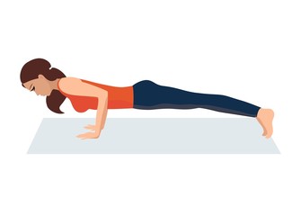 Fototapeta na wymiar vector illustration of sporty bright beautiful young girl doing yoga in plank pose and meditation on the mat isolated on white background. A girl in an orange shirt and leggings with brown hair
