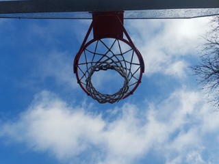 basketball hoop against blue sky