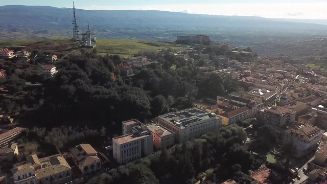 Aerial view of the Norman Swabian castle, Vibo Valentia, Calabria, Italy. Overview of the city seen from the sky, houses and roofs