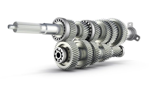 Automotive transmission gearbox Gears inside on white background 3d render