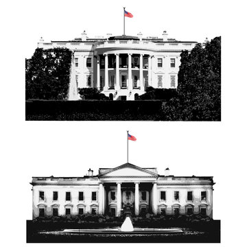 Symbole du pouvoir américain, la maison blanche, résidence du président des États Uni. Illustration montrant la façace et le côté jardin du célèbre monument de washington