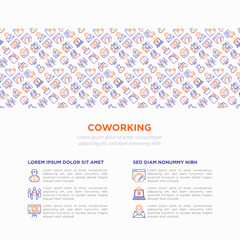 Coworking office concept with thin line icons: workplace, meeting room, conference hall, smart office, fast internet, 24 hour access, IT support, bike storage, recreation zone. Vector illustration.