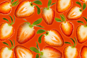Strawberries slices illuminated from below Background Fruits Top view