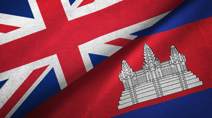 United Kingdom and Cambodia two flags textile cloth, fabric texture