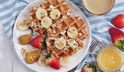 Sweet waffles, Belgian waffles with topping and berries, Light background, Top view, Banner