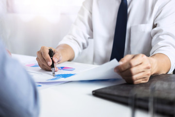 Business team group brainstorming on meeting to planning investment project working and strategy of business making conversation with partner, financial and accounting concept