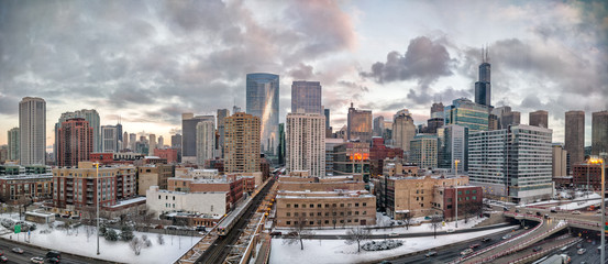 Chicago winter cityscape. West Loop neighborhood. Main streets in Illinois, streets in Chicago....