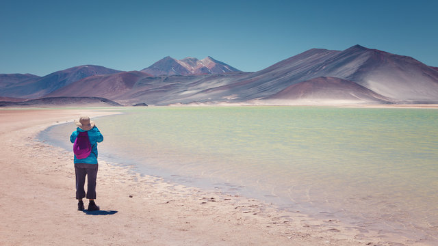 Tourist photographing the Caichinque and Cerro Medano volcano from Salar de Talar, near Aguas Calientes, in the Antofagasta region, San Pedro de Atacama, Chile