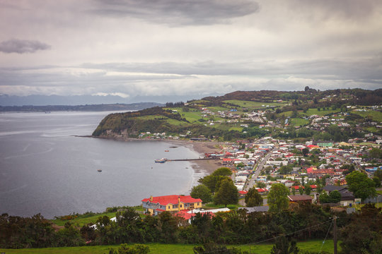 Panoramic of the Achao village, Quinchao island, Chiloe archipelago, located in the Los Lagos Region, Chile