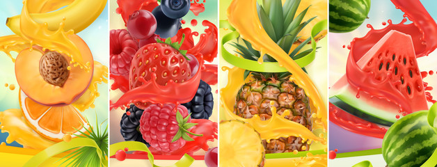 Fototapety  Soczyste i świeże owoce. Brzoskwinia, truskawka, malina, ananas, arbuz. Plusk soku. 3D wektor realistyczny zestaw. Wysokiej jakości 50 MB eps