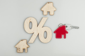 wood percent sign and house shape on white background. The concept of price changes on the real...