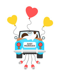 Just married - couple of husband and wife is riding and driving decorated car after wedding. Vector illustration