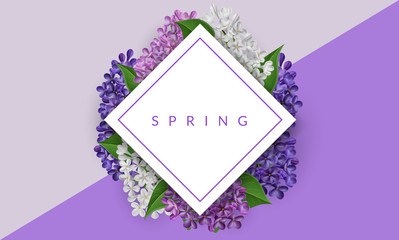 Horizontal banner with geometric rhombus frame, white, pink and purple lilac flower and green leaf. Vector illustration with realistic plant, for spring or Easter design template - 250682541