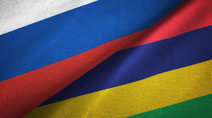 Russia and Mauritius two flags textile cloth, fabric texture