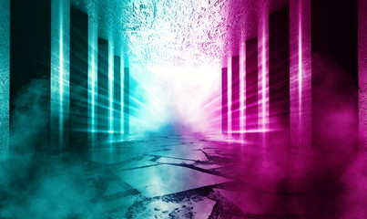 Background of empty room with columns, concrete floor, walls. Spotlight, neon light. Colorful smoke
