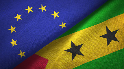 European Union and Sao Tome and Principe two flags textile cloth, fabric texture