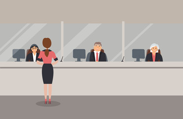 Bank office interior:Bank employees sit behind a barrier with glass and serve the Bank customers.Elegant interior financial institution.Female client stands near the Bank counter. Vector illustration