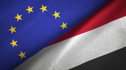 European Union and Yemen two flags textile cloth, fabric texture