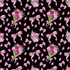 Spring tulips, petals and bows. Watercolor flower seamless pattern on black background.