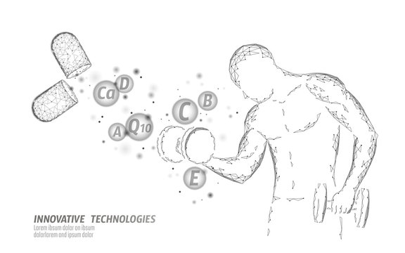 Dietary supplement vitamin bodybuilding capsule. Fitness shape drug medicine science chemistry innovation technology polygonal 3D render. Muscle power increase dumbbell vector illustration