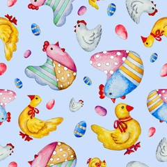 Watercolor hand-drawn chicken, ducks and eggs.