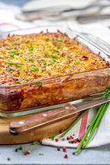 Traditional potato kugel gratin.