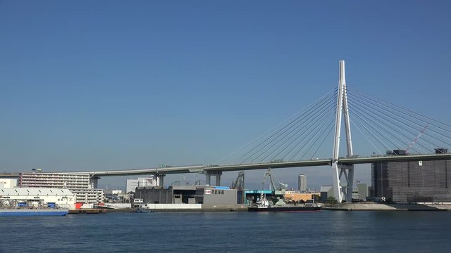 Tempozan Ohashi Bridge over Ajigawa River with surrounding area. Minato, Osaka, Japan