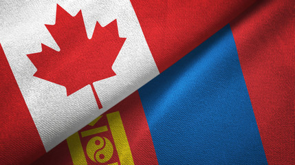 Fototapeta na wymiar Canada and Mongolia two flags textile cloth, fabric texture
