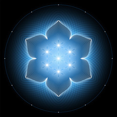 Fantastic sacred geometry; Shiny ancient symbol "flower of life" on black background; Psychedelic vector illustration.