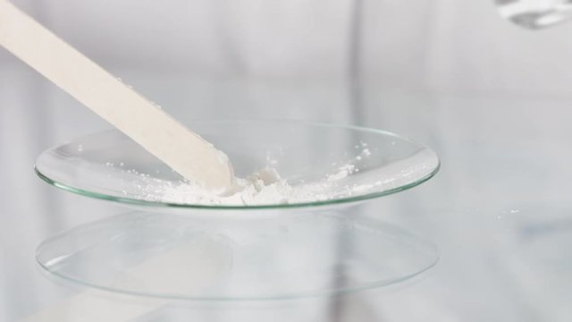 Scientist spreading unkown white powder on petri dish