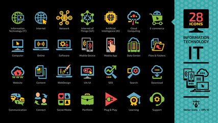 Information technology color glyph icon set on a black background with IT network communication computer tech system, internet of things, artificial intelligence, cloud computing, e-commerce pictogram