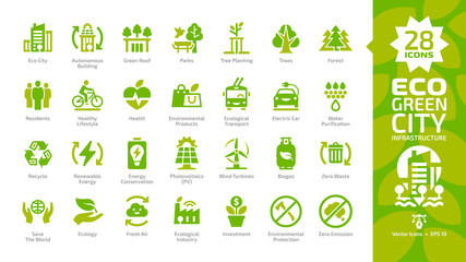 Eco green city color glyph icon set with parks, trees, health, electric car, water purification, recycle, renewable energy, photovoltaics, wind turbines, biogas, fresh air and zero waste pictogram.