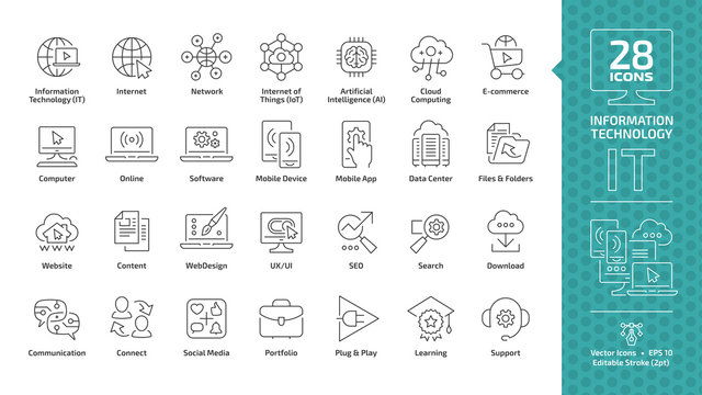 Information technology editable stroke outline icon set with IT network system, communication, online computer, website content, web design, software, data center, mobile device and app thin line sign